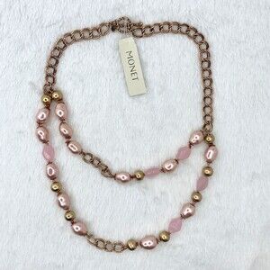 Vintage Signed Monet Necklace Layered Rose Gold-Tone Pink Mauve Pearl Quartz